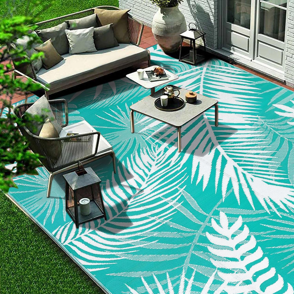Outdoor Rug Waterproof for Patios Clearance, 10'x14' Quick Drying Outdoor Plastic Straw Rug Camping Carpet, Outside Floor Mats Large Area Rugs for RV,Patio,Deck,Porch, Beach, Balcony,Teal&White
