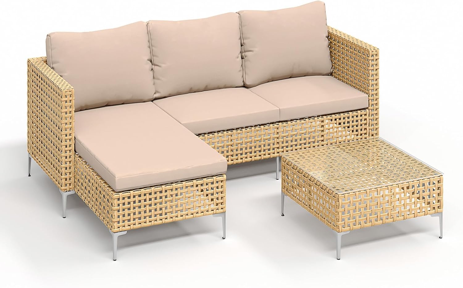 3-Piece L-Shaped Patio Furniture Set - Weather Resistant Wicker Sectional Sofa with Thick Cushions & Coffee Table for Small Spaces (Yellow/Beige)