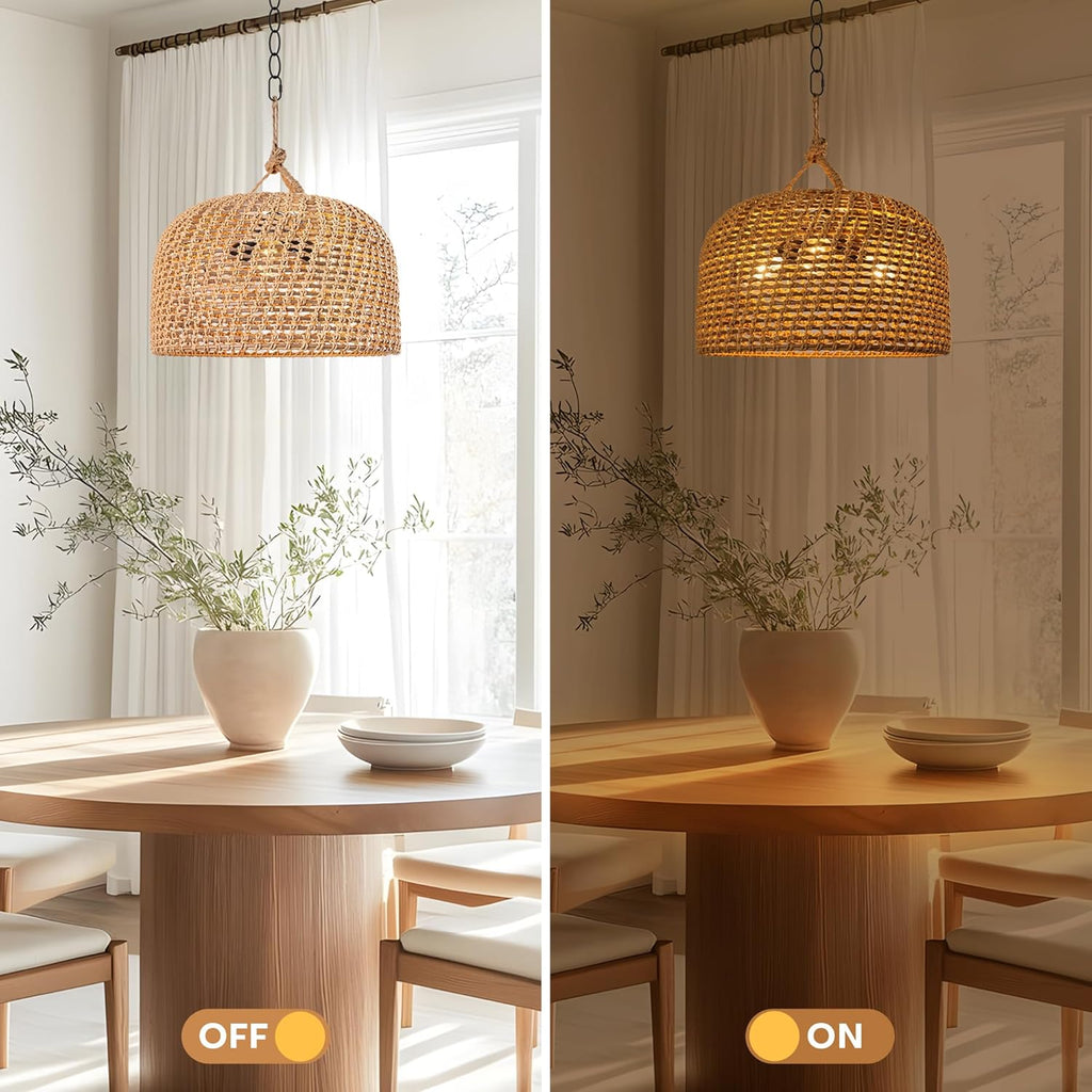 LamQee 18 Inch Rattan Farmhouse Chandelier, 3-Lights Boho Large Pendant Light with Dome Wicker Shade, Rustic Hand Woven Hanging Lighting Fixture for Dining Room, Kitchen Island, Entryway, Foyer