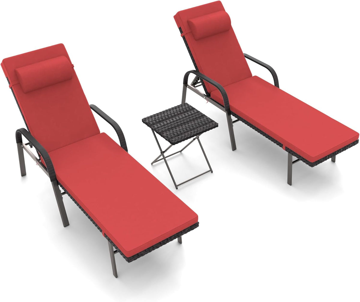 Gotland Patio Chaise Lounge Sets Outdoor Armchair Recliner Rattan Adjustable Back 3 Pieces Cushioned Patio Folding Chaise Lounge with Folding Table