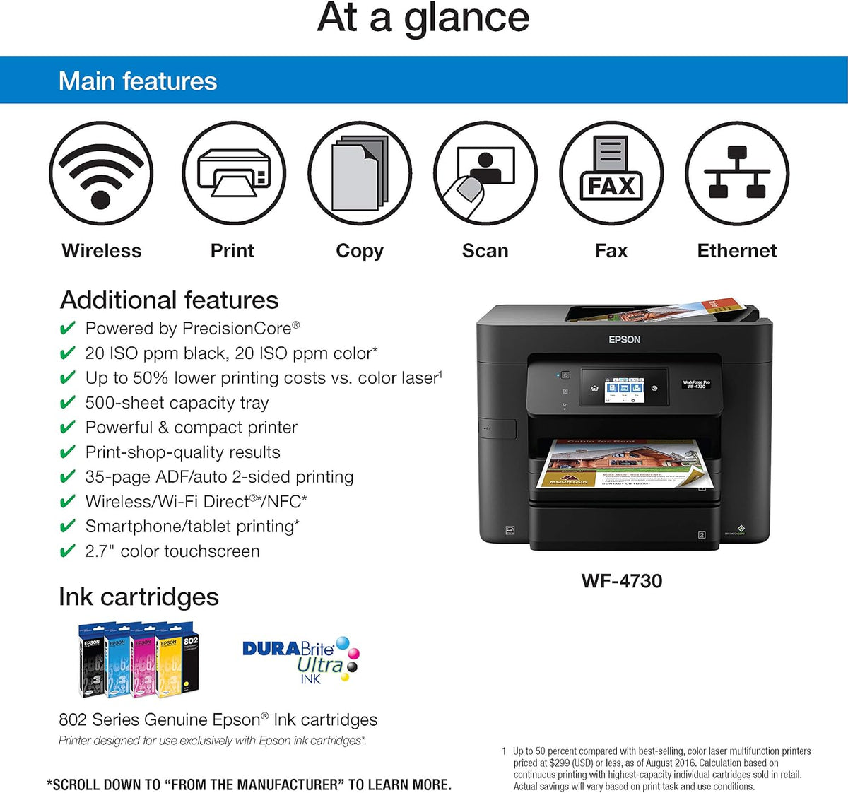 Epson WorkForce Pro WF-4730 Wireless All-in-One Color Inkjet Printer, Copier, Scanner with Wi-Fi Direct, Amazon Dash Replenishment Ready