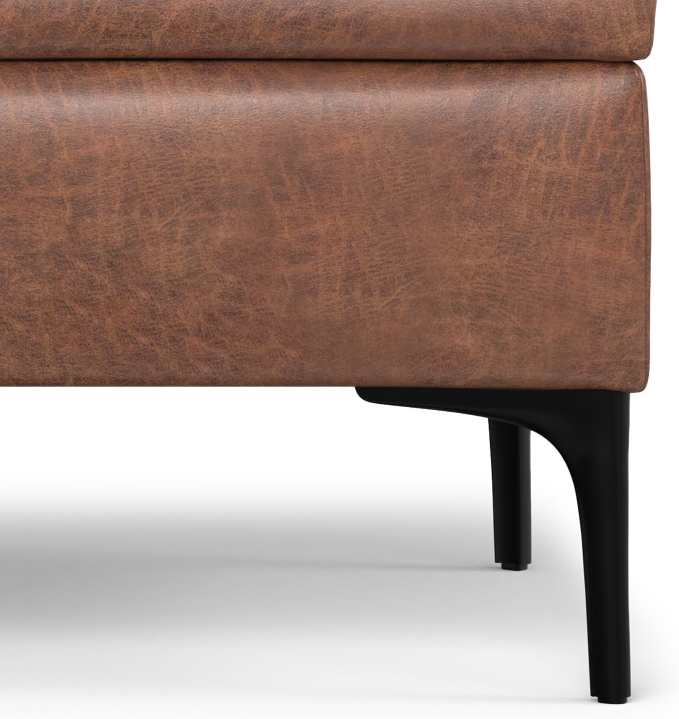 SIMPLIHOME Rebecca Storage Ottoman - 48 inch Wide Upholstered Vegan Leather Coffee Table Ottoman in Distressed Saddle Brown, Mid-Century Modern Lift-Top Storage for Living Room with Safety Hinges