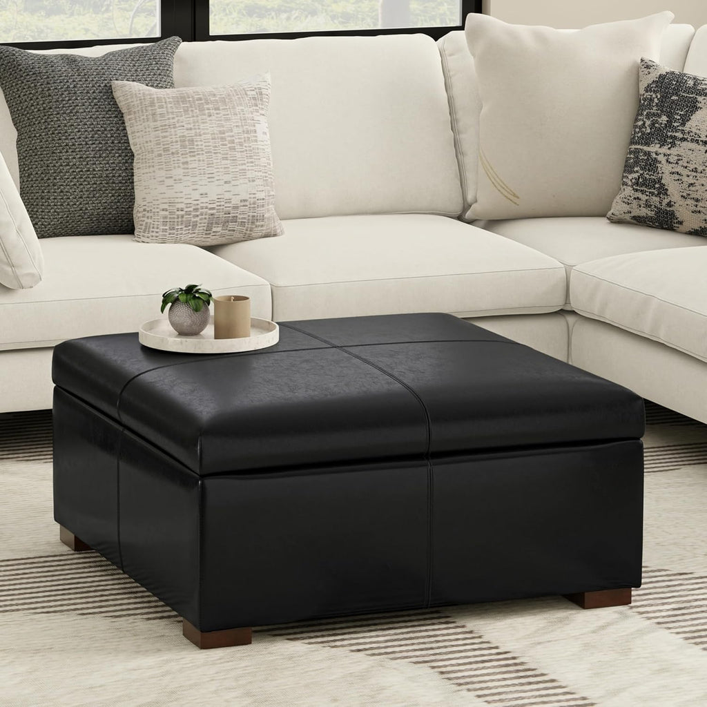 SIMPLIHOME Gabbie Storage Ottoman - 48 inch Wide Upholstered Vegan Leather Rectangle Storage Ottoman Bench in Midnight Black, Contemporary Ottoman for Living Room with Lift-Up Lid