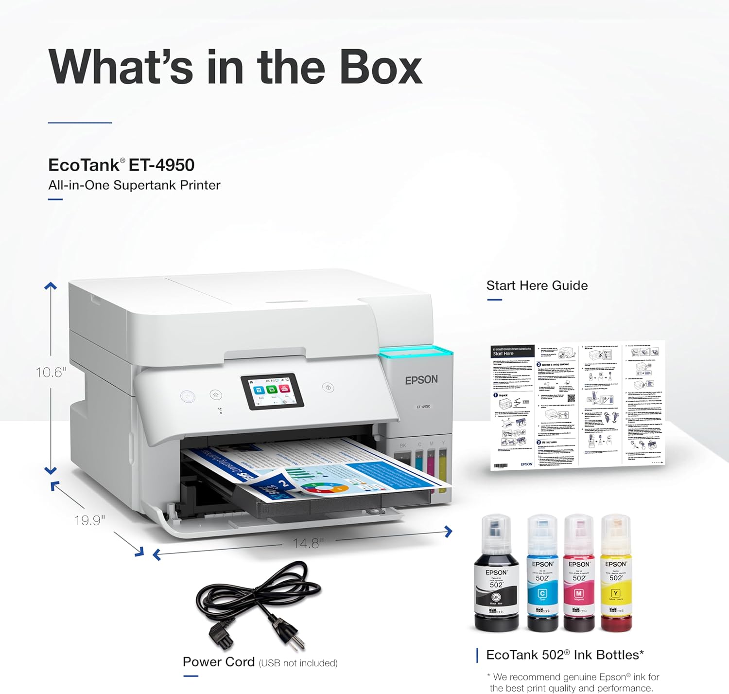 Epson EcoTank ET-4950 Wireless All-in-One Color Supertank Printer with up to 3 Years of Ink Refillable Tanks, Perfect for Office, 18 PPM, 2.4" Colorful Touchscreen, Auto Document Feeder - White