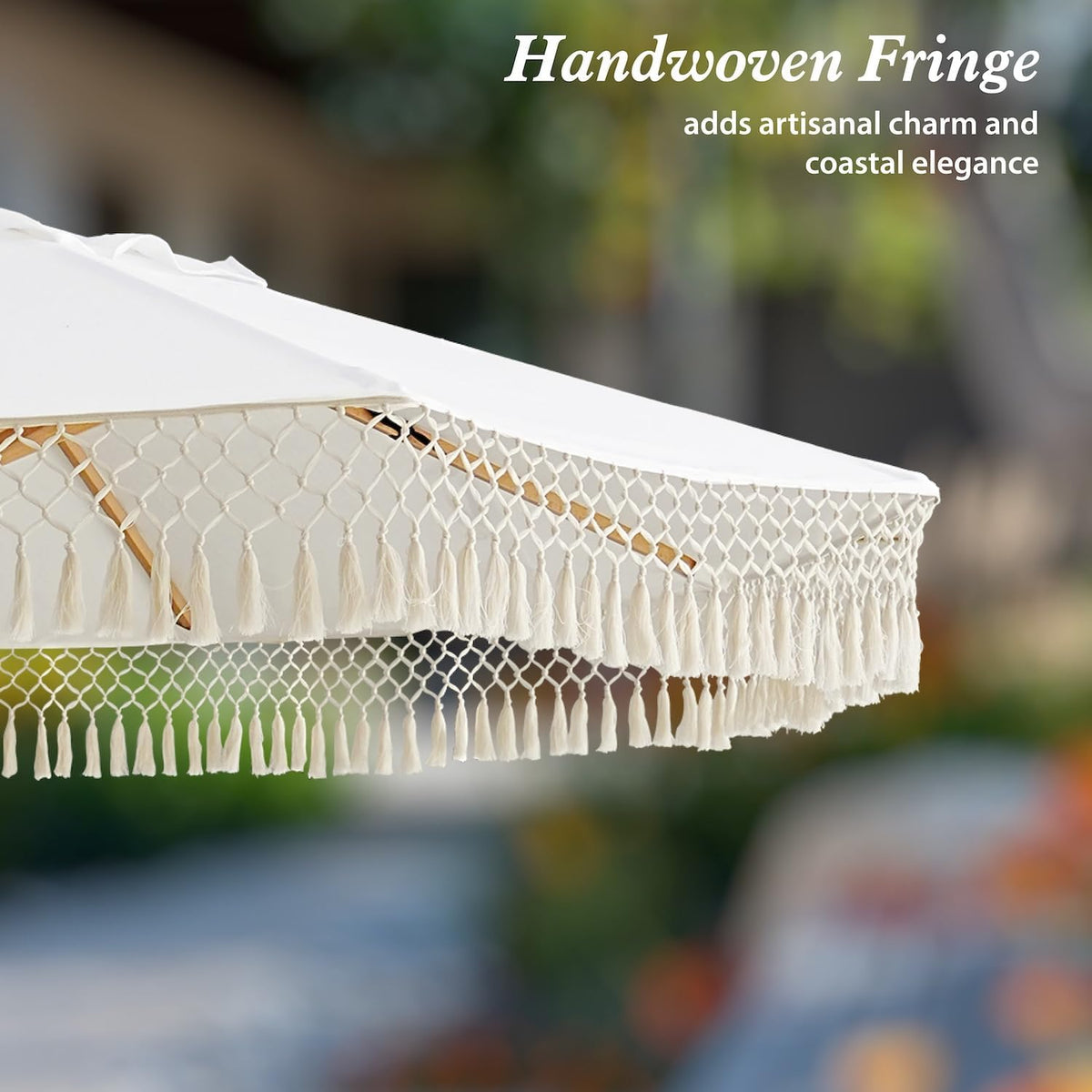 AMMSUN 8.5ft Luxury Premium Boho Patio Umbrella Wood Pole Fancy Bali-style Outdoor Umbrellas UPF 50+ Sun Protection with Pulley Lift Air Vent Tassel Fringe for Garden, Pool, Deck, Beach, Backyard, Events