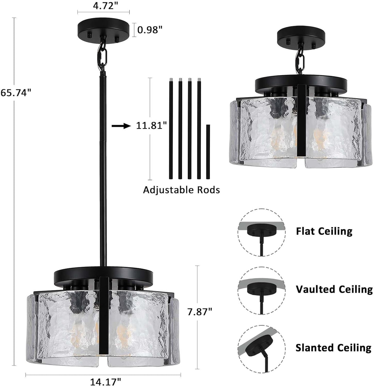 Black Chandeliers for Dining Room Light Fixture, Foyer Lighting Fixtures Pendant Lights Kitchen Island, Adjustable Glass Modern Farmhouse Chandelier for Entryway, Bedroom, Bathroom, Foyer, Living Room