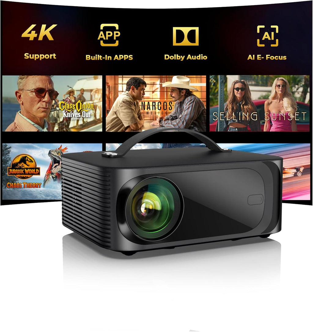 Outdoor-Projector-4K with WiFi and Bluetooth: 3000 Brightness/50W DoIby/Built-in APPs Portable-Projector Smart OS 2.0&AI Auto Focus, ONOAYO Movie Proyector Compatible with Netflix/YouTube/PrimeVideo