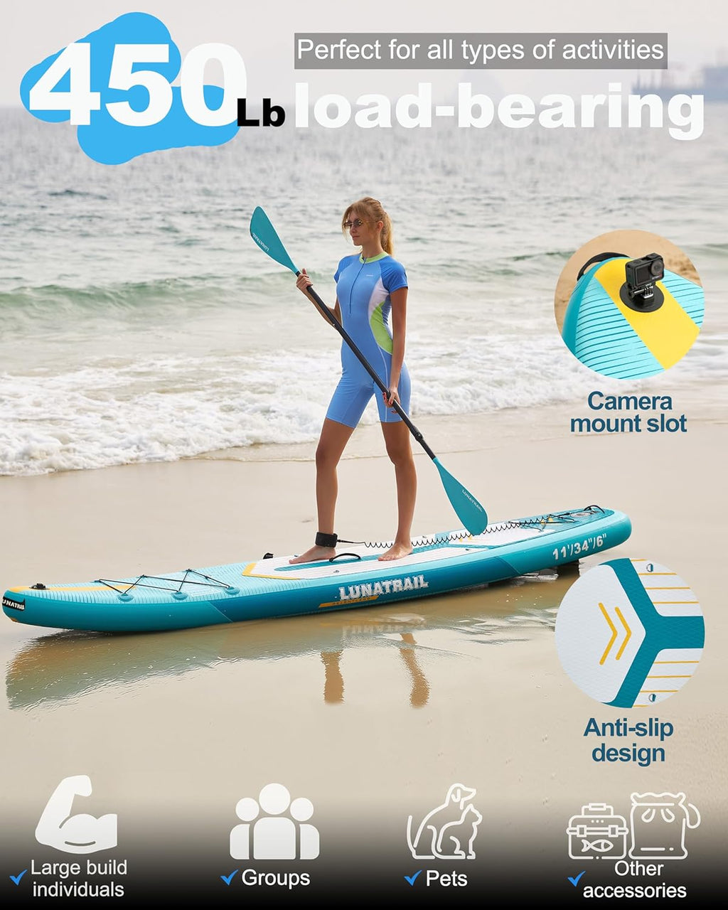 【11'×34"】 Extra Long/Extra Wide Premium Inflatable Stand Up Paddle Board (SUP) – Portable & Lightweight for Yoga, Surfing, Family Fun | Complete Kit with Paddle, Pump, Bag | Durable Design