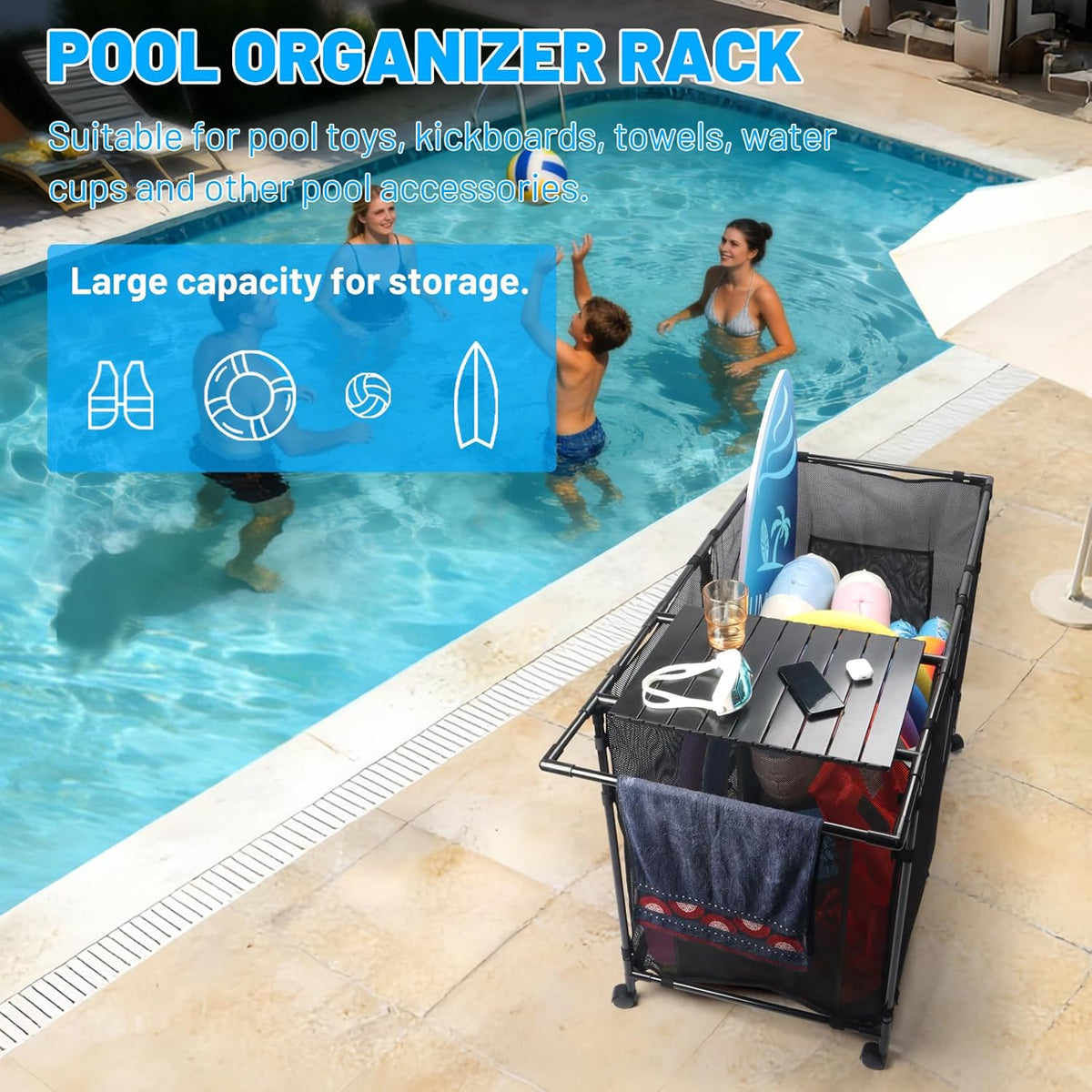 152Gal Pool Storage Organizer with Tabletop,Towel Bar,Zipper Doors,360° Rotating Wheels,Weather-Resistant,Easy Assembly,for Indoor Outdoor,Pool,Patio,Beach (M Size)