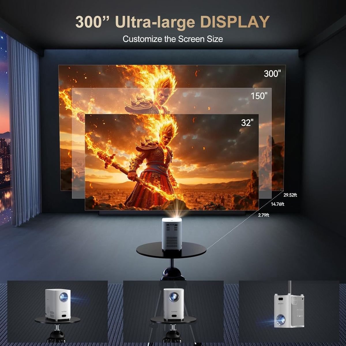 Electric Focus Projector with WiFi and Bluetooth, Native 1080P 15,000 Lumens 4K Supported, Agreago Outdoor Movie Projector for Home Theater UP to 300", for iOS/Android/TV Stick/HDMI/USB (White)