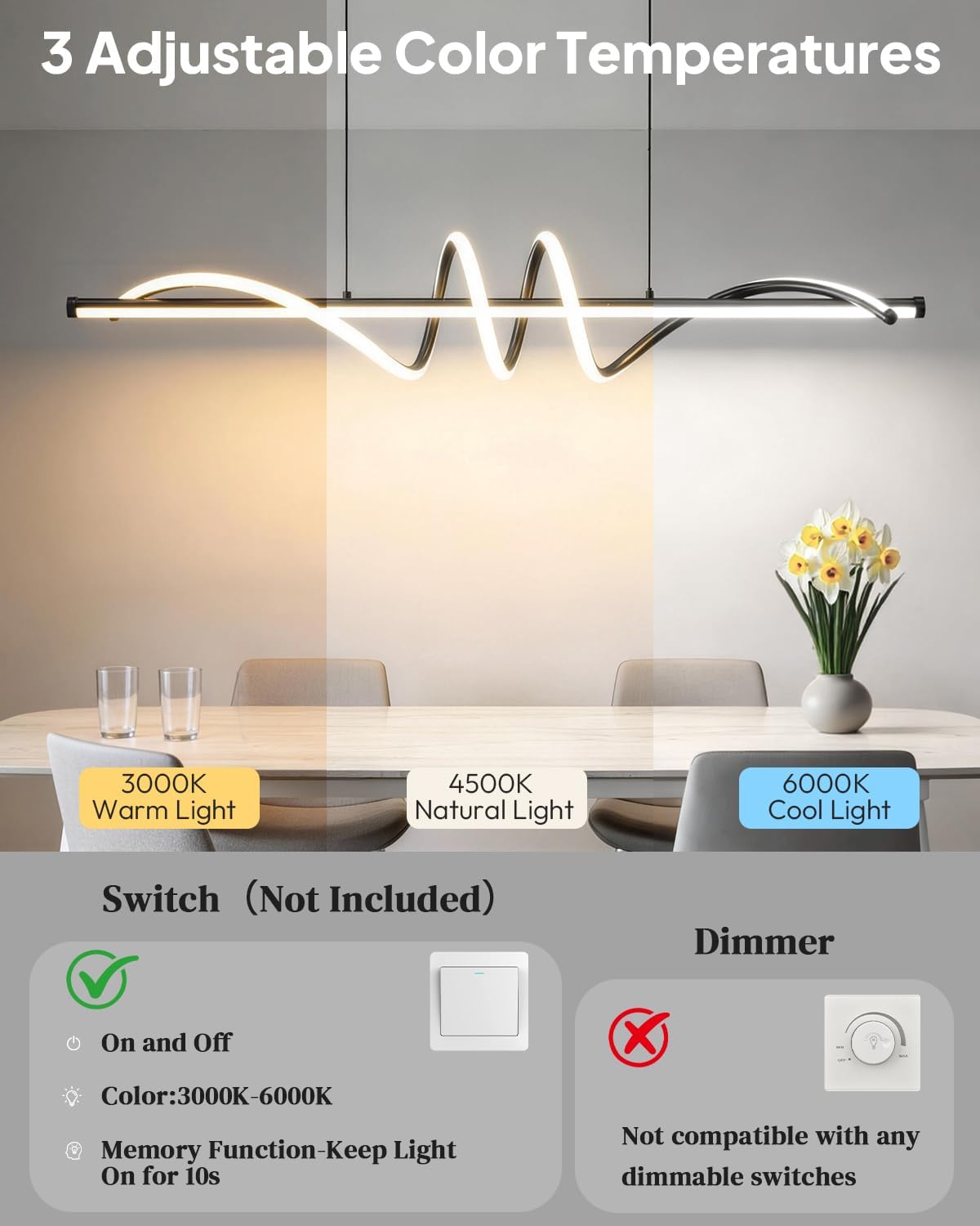 39.4in Linear Pendant Light, Led Chandelier Dimmable with Remote Control, 3000K-6000K Adjustable Color Temperature Island Light, Dining Room Light Fixture for Kitchen, Living Room