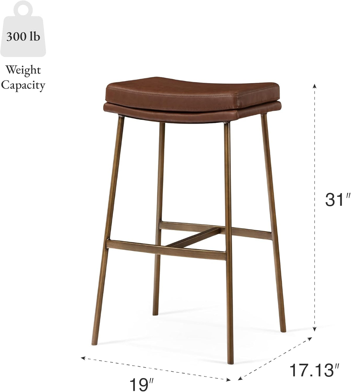 Maven Lane Berkley Backless Bar Stool 31 Inch – Saddle Stool with Footrest – Aged Gold Metal Frame & Brown Faux Leather Upholstery – Ideal for Bars, Pubs and Tall Kitchen Counters