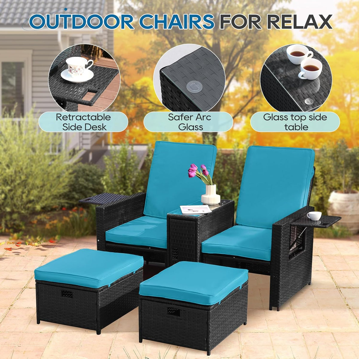 5PCS Outdoor Wicker Chaise Lounge Chair - Rattan Adjustable Reclining Patio Lounge Chair with Ottoman and Coffee Table, for Patio Beach Pool Backyard (Black Wicker Turquoise Cushion)
