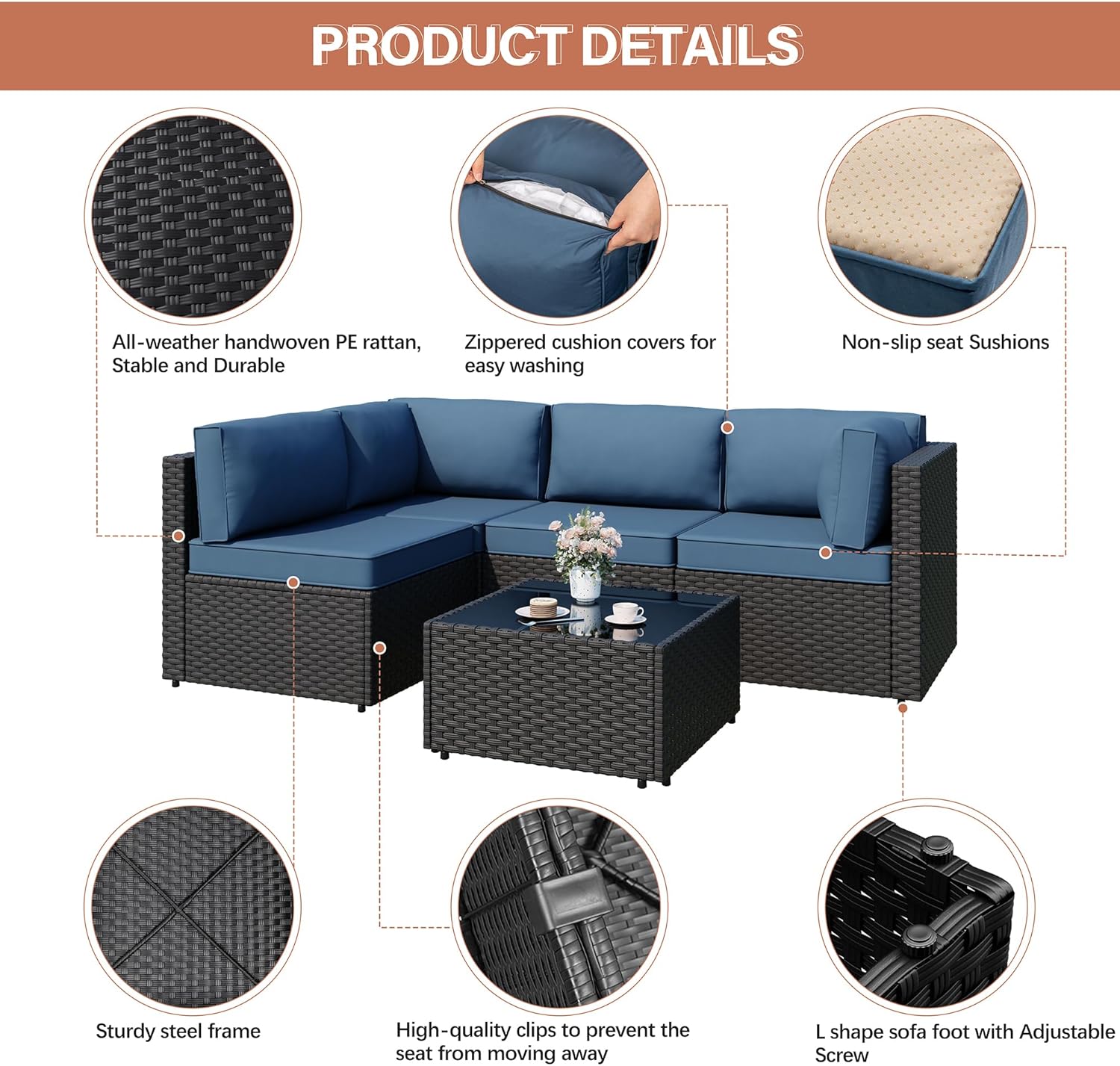 JAMFLY Patio Furniture Sets, 5-Piece Outdoor Patio Furniture with Thick Cushions, Wicker Outdoor Conversation Set Sectional Sofa for Backyard, Poolside, Garden, Aegean Blue