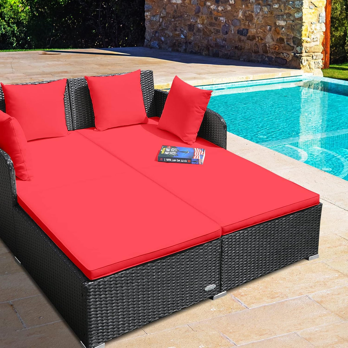 RELAX4LIFE Rattan Patio Outdoor Daybed, Wicker 2-Person Sunbed Loveseat with Soft Cushions, 4 Pillows, Curved Backrest & Armrest, Double Bed Lounger Sofa Set for Balcony Porch, Patio Bed (Red)