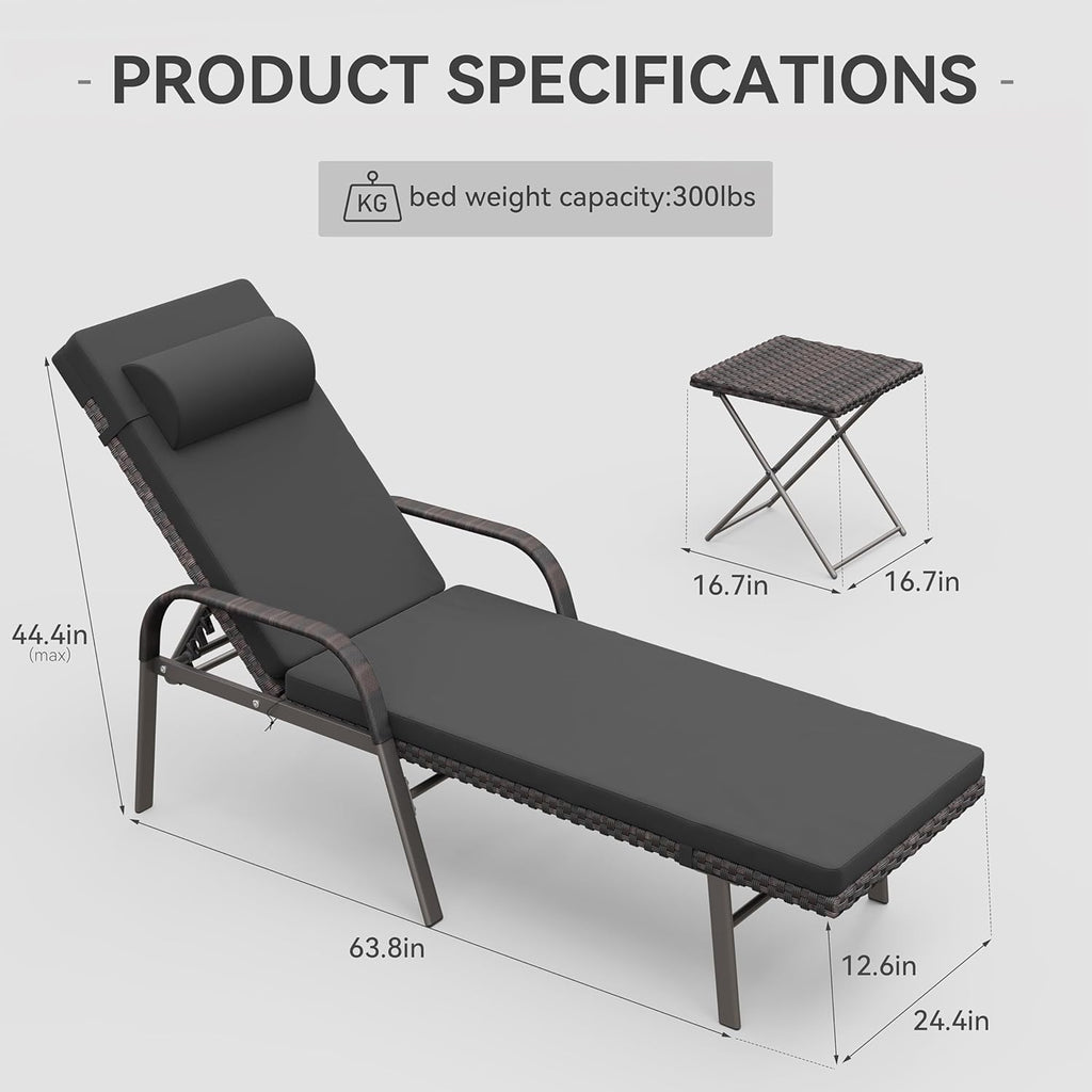3 Pieces Patio Chaise Lounge Set Outdoor PE Rattan Armrest Lounge Chair Adjustable Backrest Reclining Chair with Folding Table and Cushion for Patio Poolside Backyard Porch Beach(Black)