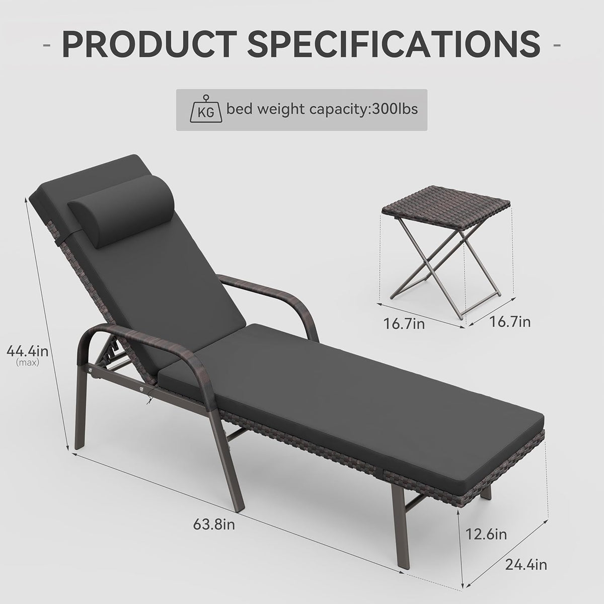3 Pieces Patio Chaise Lounge Set Outdoor PE Rattan Armrest Lounge Chair Adjustable Backrest Reclining Chair with Folding Table and Cushion for Patio Poolside Backyard Porch Beach(Black)