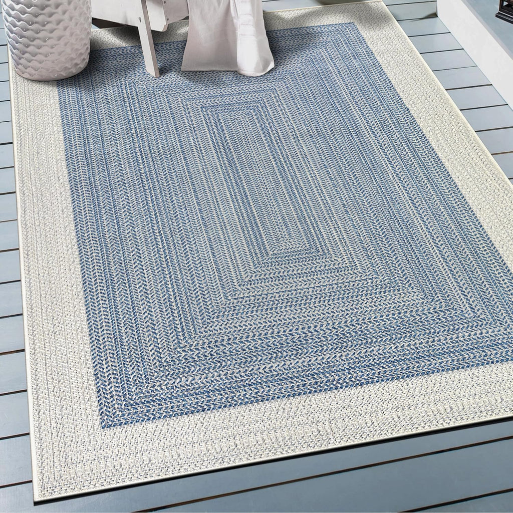 Rugshop Blue Braided Geometric Reversible Weather Resistant Indoor/Outdoor Area Rug, for Patio, Balcony and Living Room, 5' x 7'