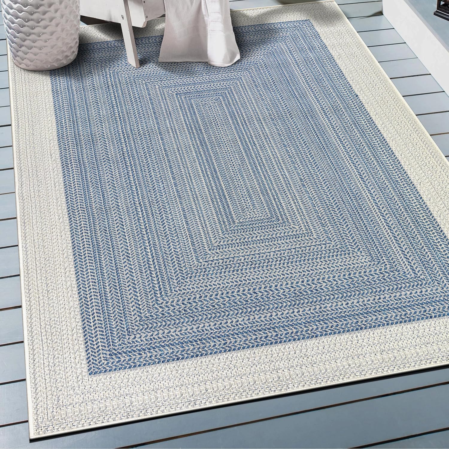 Rugshop Blue Braided Geometric Reversible Weather Resistant Indoor/Outdoor Area Rug, for Patio, Balcony and Living Room, 5' x 7'