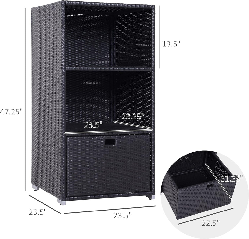 Outsunny Valet Pool Towel Rack, Waterproof PE Plastic Rattan Wicker Storage Organizer, Indoor Outdoor Spa, and Hot Tub Accessory Storage, 2 Shelves, 1 Basket Drawer, Espresso