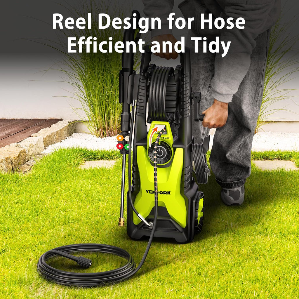 Yeryork Adjustable 5000 PSI Pressure Washer,2.5 Max GPM Power Washer with 33 FT Retractable Hose Reel, Stainless Steel Lance, 500ml Foam Cannon, 4-Nozzle Set, Washer for Cars, Fences, Patios