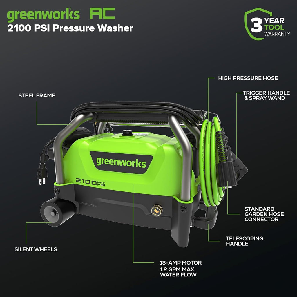 Greenworks 2100 PSI (SGS Certified) 1.2 GPM 13Amp Compact Electric Pressure Washer Telescoping Handle Power Washer for Cars, Driveways, Patios, Patio Furniture & Around Pools