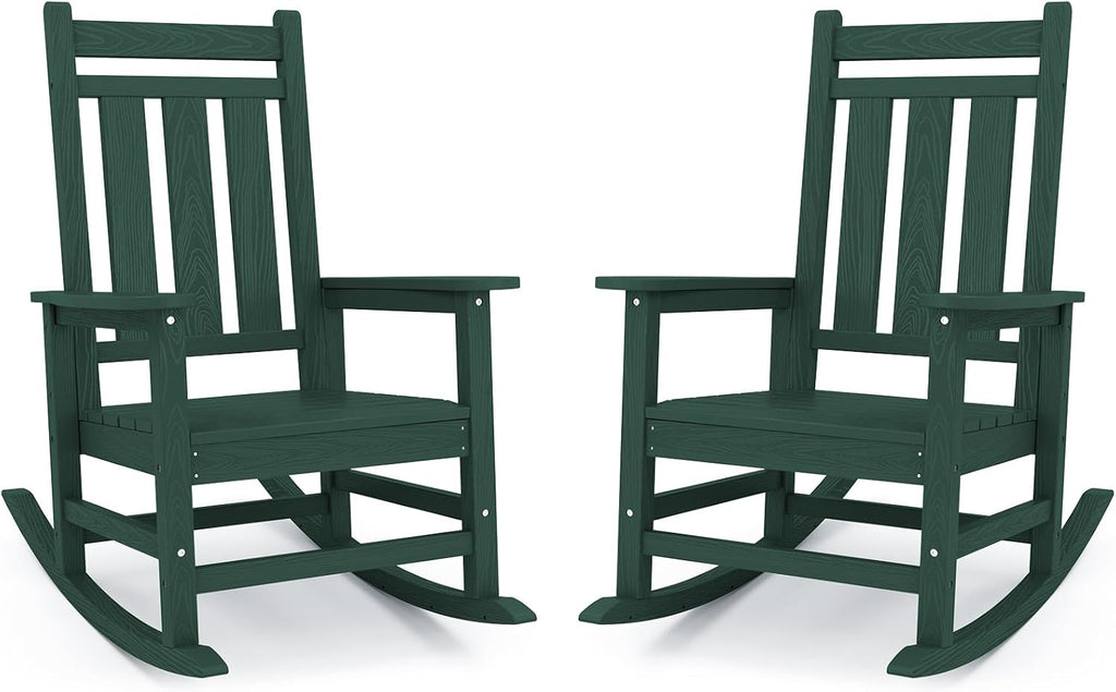 KINGYES Oversized Outdoor Rocking Chair Set of 2, All-Weather Patio Rocking Chairs for Porch, HDPE Outdoor Patio Recliner Rockers with High Back & Wide Seat for Garden, Lawn, Green