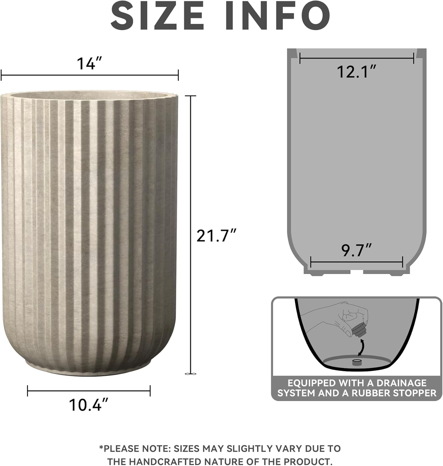 Kante Tall Fulted Planter, 21.7 Inch Tall Round Concrete Plant Pots with Drainage Hole and Rubber Plug, Modern Decor for Indoor Outdoor Plants, Flower, Weathered Concrete