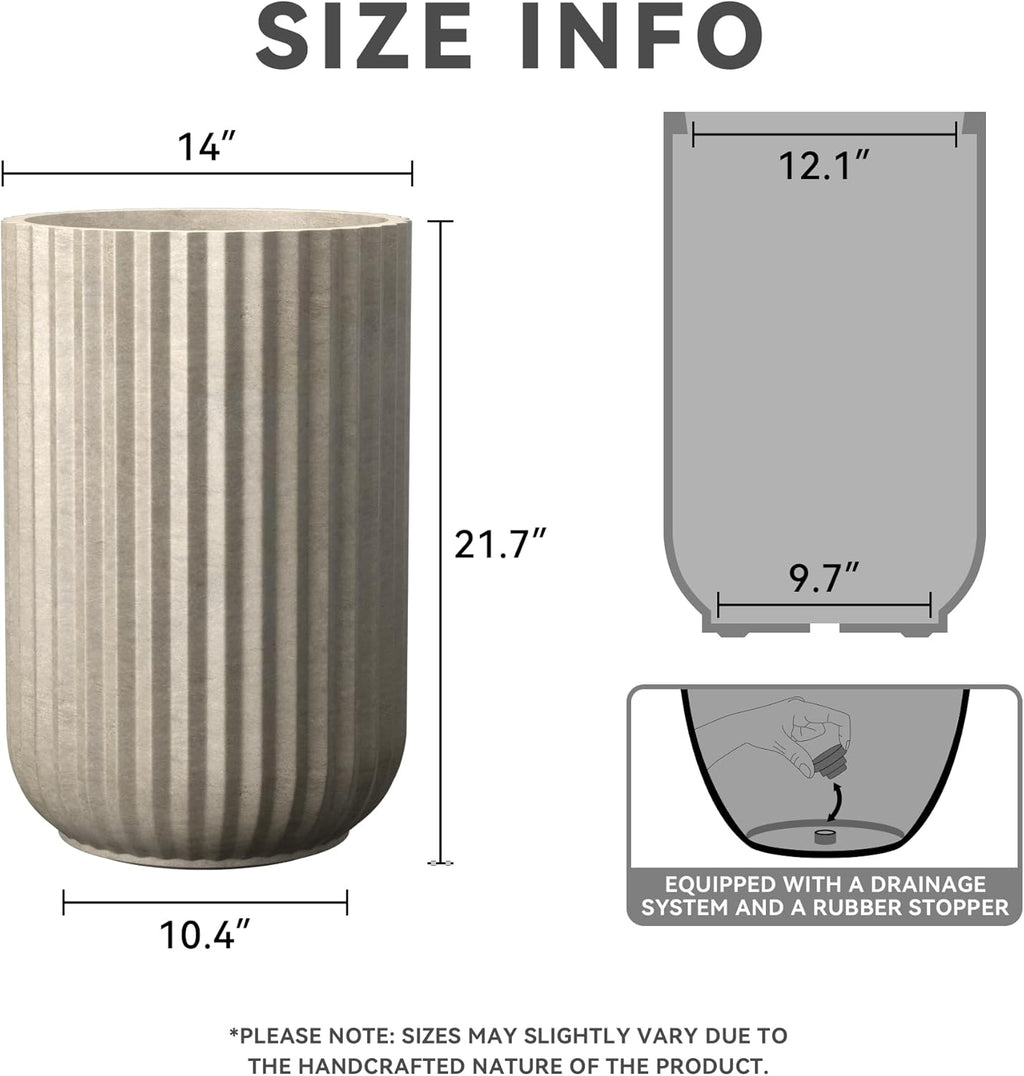 Kante Tall Fulted Planter, 21.7 Inch Tall Round Concrete Plant Pots with Drainage Hole and Rubber Plug, Modern Decor for Indoor Outdoor Plants, Flower, Weathered Concrete