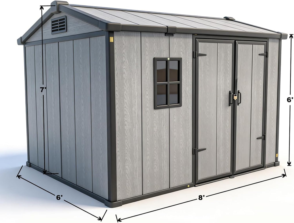 Outdoor Storage Shed, 6x8 FT, Tool Storage Shed with Floor for Patio, Backyard, Garden Tools and Bike, Light Gray
