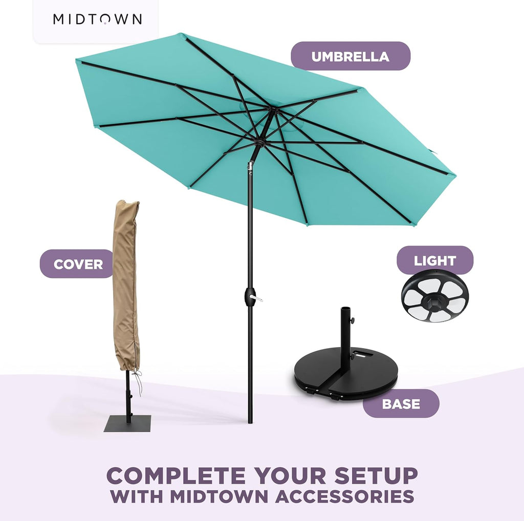 Midtown Umbrellas - The Lean 9 Ft Patio Umbrella with Fade-Resistant Sunbrella Fabric, Auto-Tilt Aluminum Frame and 8 Reinforced Ribs for Deck, Pool & Garden - Aruba Canopy, Black Pole