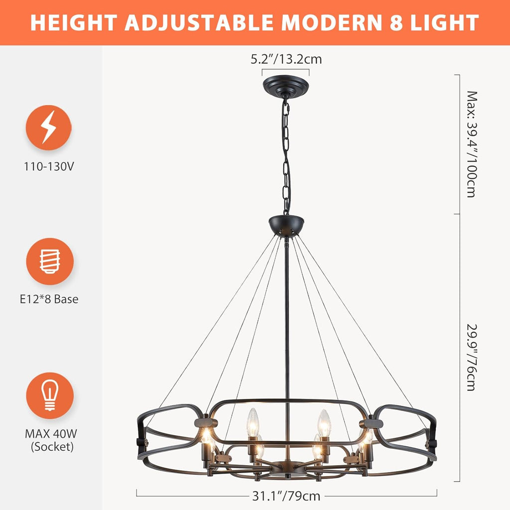 31" Industrial Chandeliers for Dining Room Large Black Chandelier 8-Light Round Farmhouse Kitchen Pendant Lighting Fixture for Entryway, Living Room, Bedroom, Foyer, Office