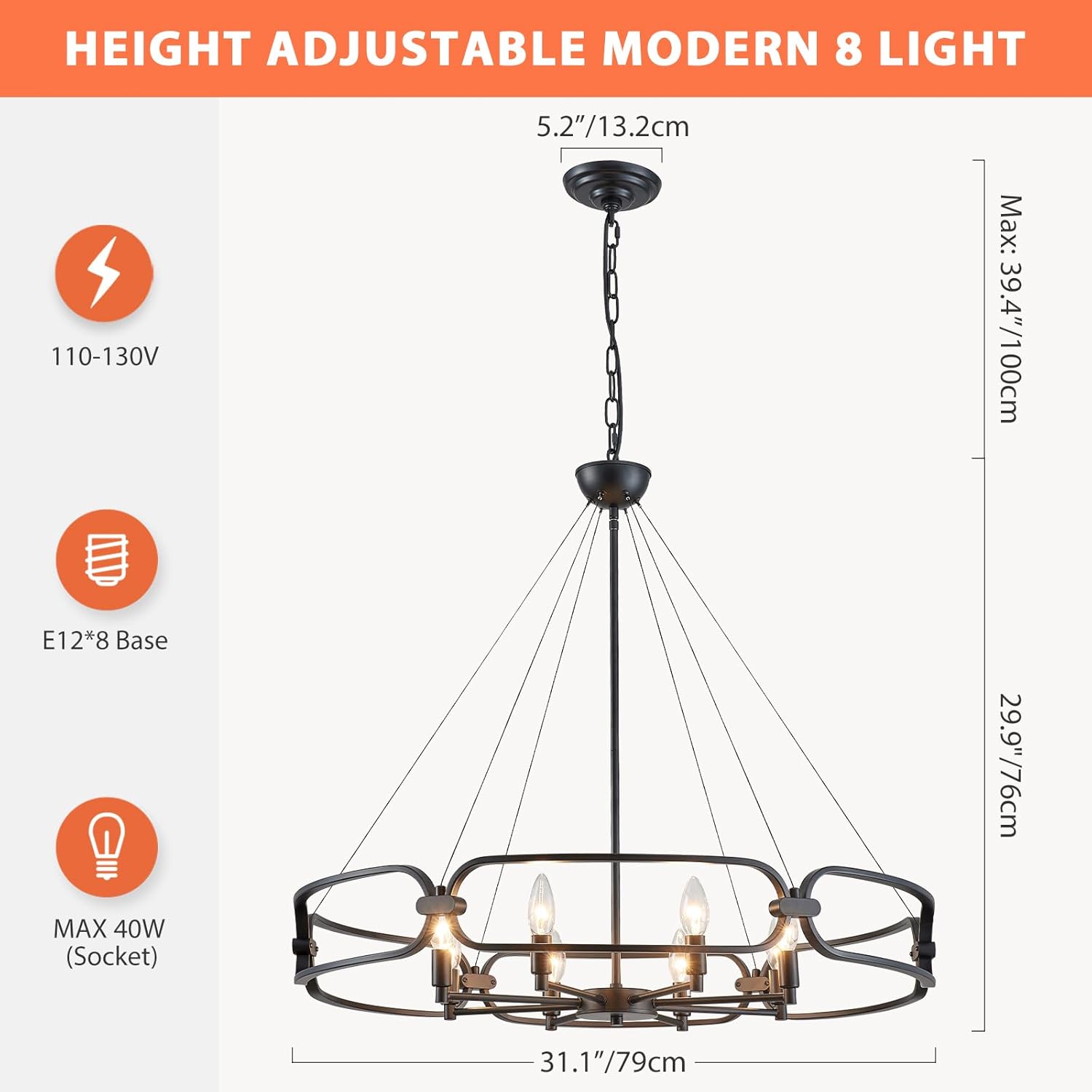 31" Industrial Chandeliers for Dining Room Large Black Chandelier 8-Light Round Farmhouse Kitchen Pendant Lighting Fixture for Entryway, Living Room, Bedroom, Foyer, Office
