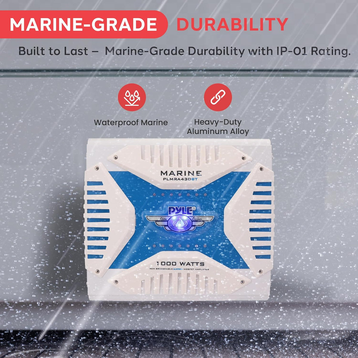 2.1 Bluetooth Marine Amplifier Receiver - Waterproof 4 Channel Wireless Bridgeable Audio Amp for Stereo Speaker with 1000 Watt Power Dual MOSFET Supply, GAIN Level and LED Indicator - Pyle PLMRA430BT