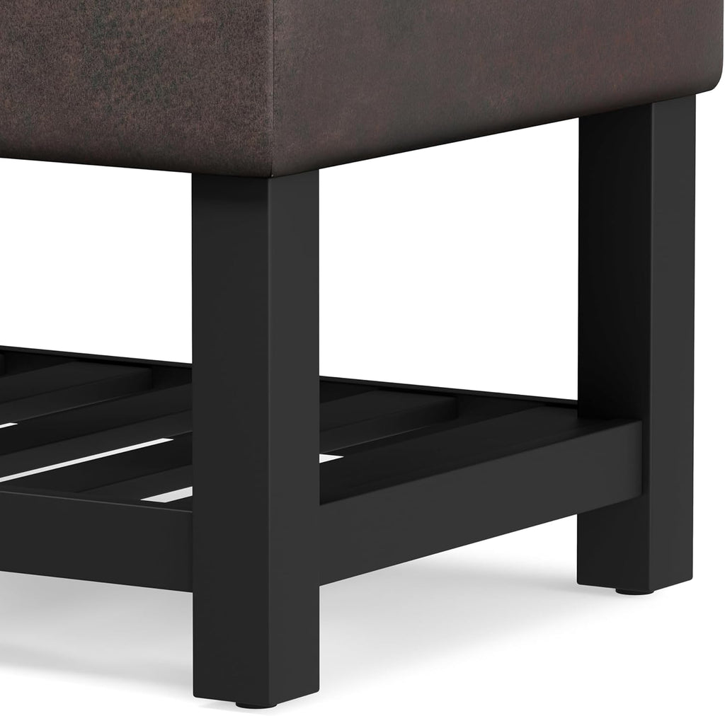 SIMPLIHOME Cosmopolitan Storage Ottoman Bench - 44 inch Wide Upholstered Vegan Leather Rectangle Storage Ottoman in Distressed Brown, Transitional Bench for Bedroom with Tufted Lift-Top and Open Shelf