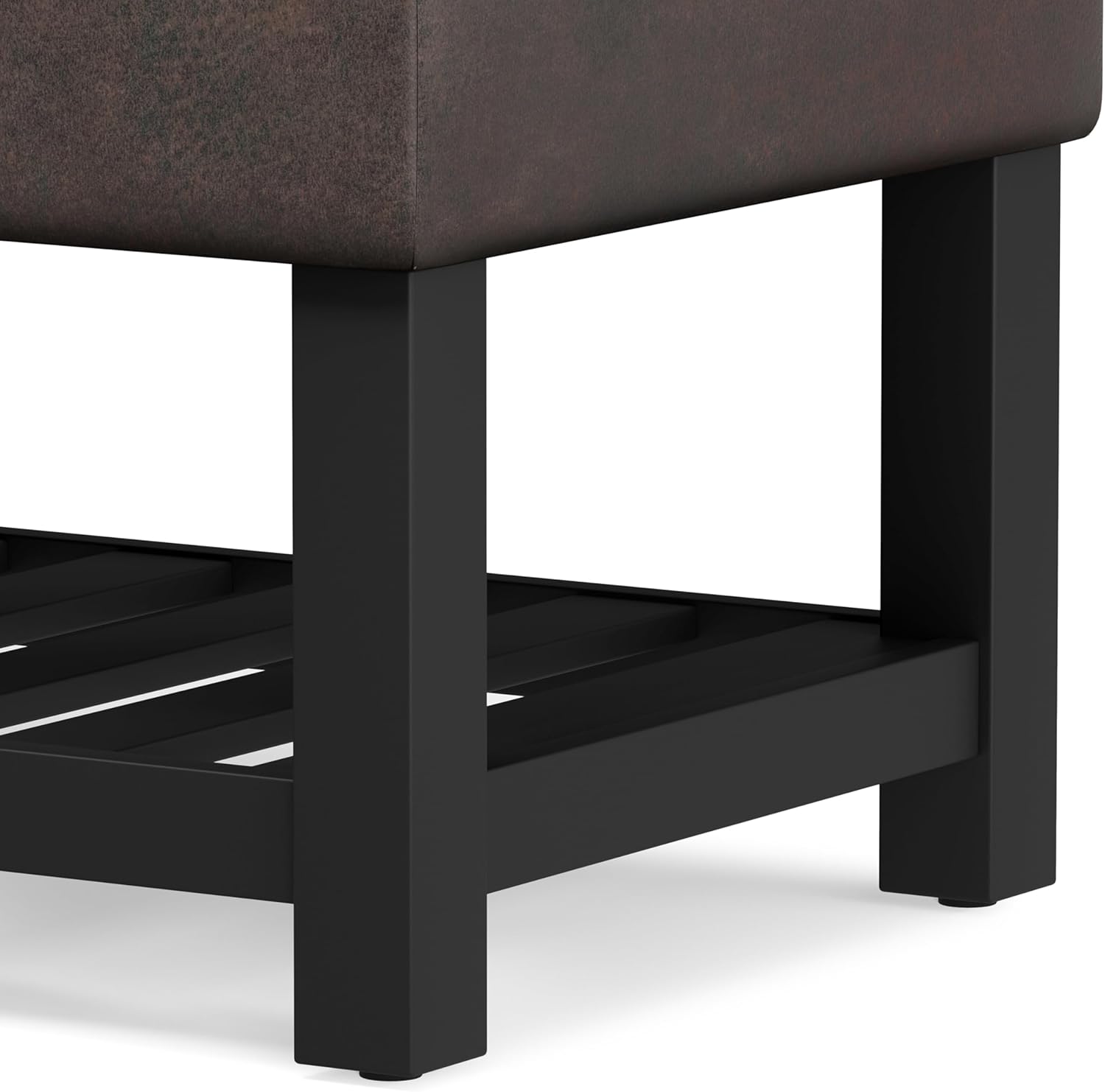 SIMPLIHOME Cosmopolitan Storage Ottoman Bench - 44 inch Wide Upholstered Vegan Leather Rectangle Storage Ottoman in Distressed Brown, Transitional Bench for Bedroom with Tufted Lift-Top and Open Shelf