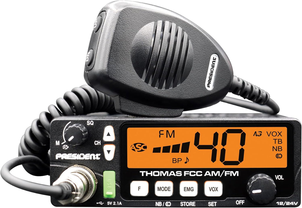 President Thomas FCC AM/FM CB Radio – 40 Channel, VOX Hands-Free, USB Port, ASC, Multi-Color LCD Display – 12/24V Compact Mobile Transceiver for Truckers & Off-Road Communication