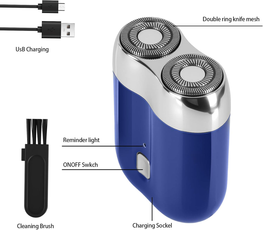 Mini Electric Shaver for Men Women, Pocket Dual Head Shaver, Rechargeable Waterproof Compact Travel Electric Razor, USB Close Battery Portable Razor for car, Travel, Office, Home use (Blue)