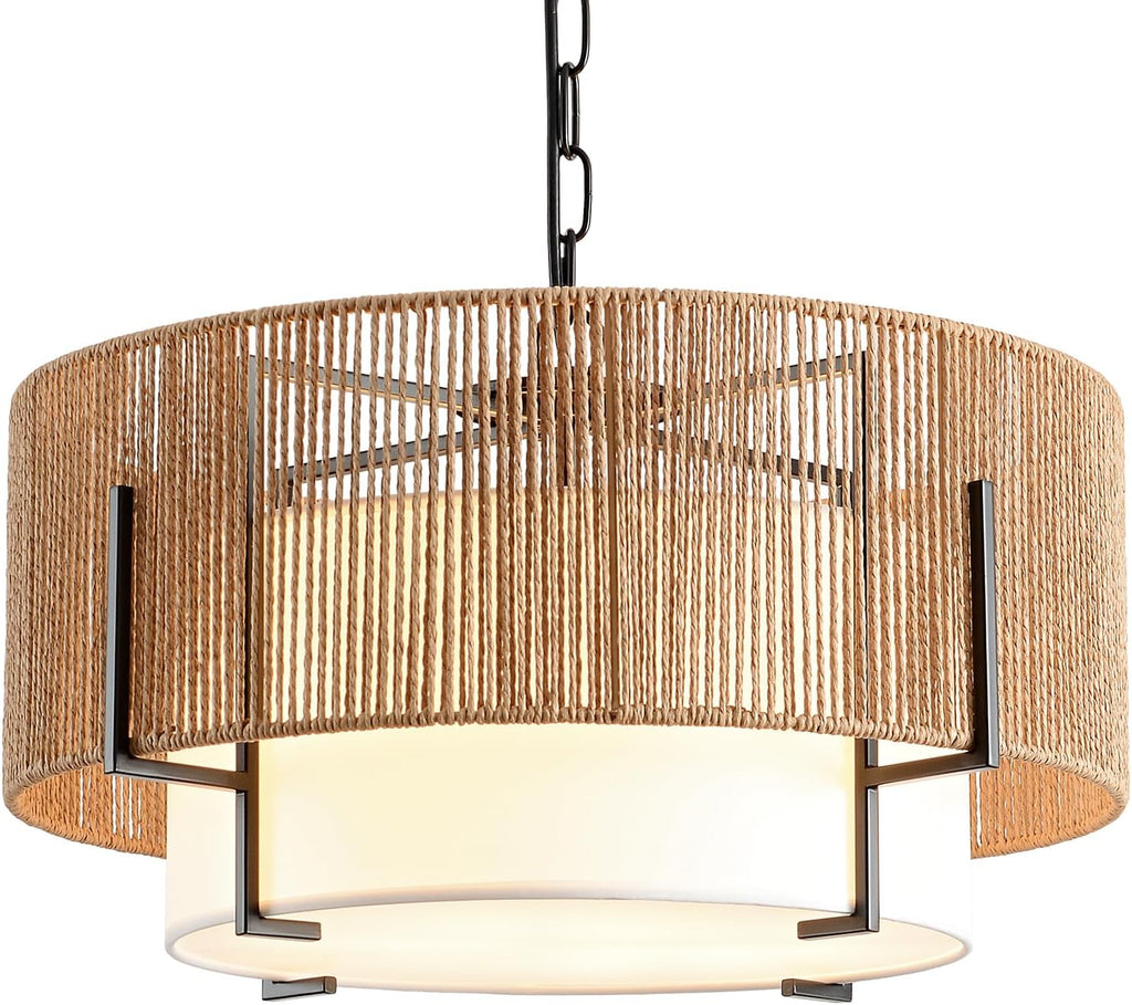 4-Light Rattan Chandelier, 19.7" Boho Pendant Light with Fabric Shade, Farmhouse Rattan Hanging Ceiling Light Fixture for Dining Room, Living Room, Kitchen Island, Bedroom, Hallway, Foyer
