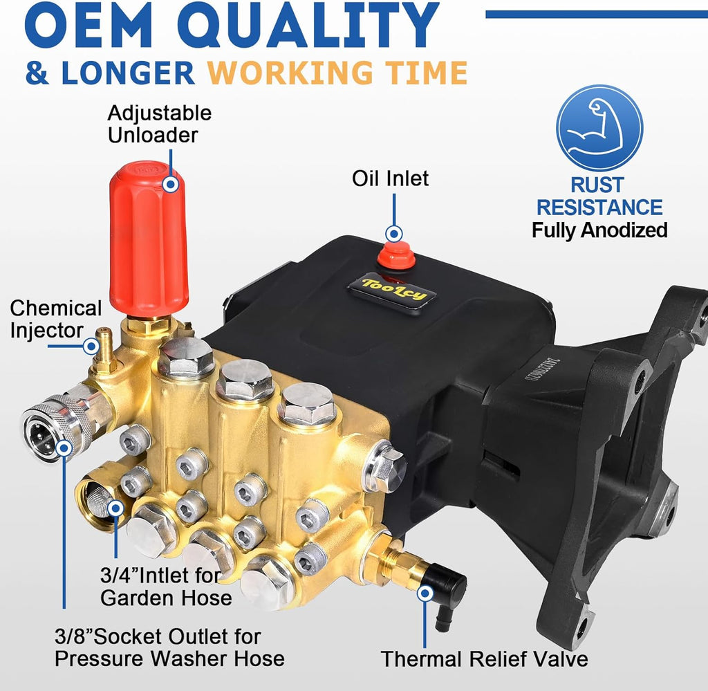 TOOLCY Pressure Washer Pump 3600-4400 PSI Max 4.4 GPM, 1 Inch Shaft Horizontal Triplex Plunger Replacement, Direct Drive with Unloader, 5 Nozzle Tips, M22-14mm Adapter
