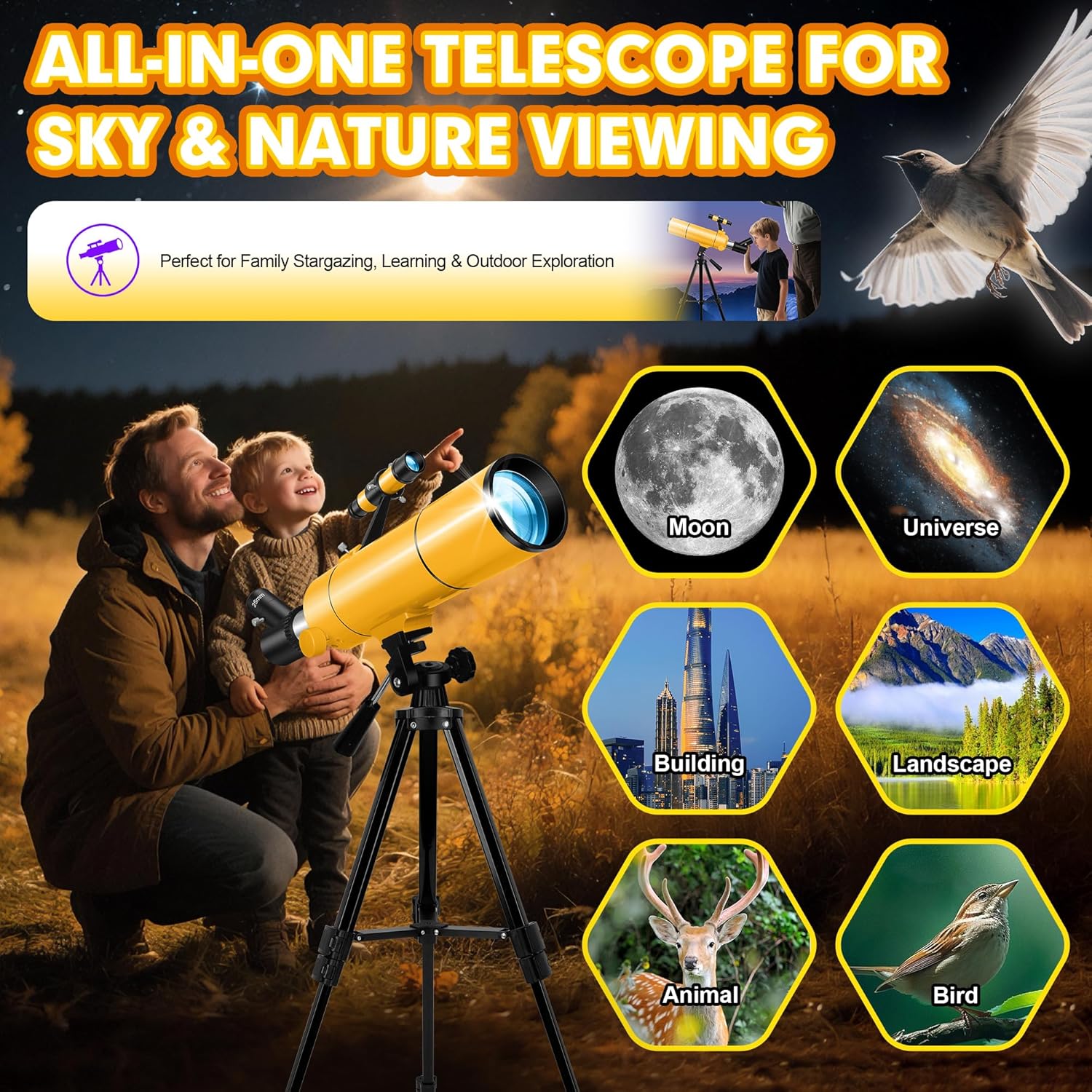 MEEZAA Telescope for Adults & Kids, 80mm Aperture 500mm Portable Refractor Telescope for Astronomy Beginners, Professional Travel Astronomical Telescopes with Tripod, Stickers, Phone Adapter, Backpack