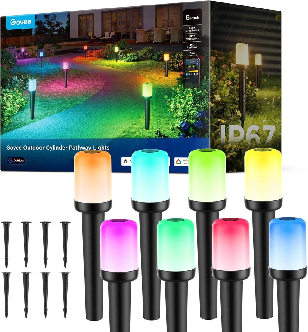 Govee Outdoor Cylinder Pathway Lights 8 Pack, 425lm Patio Lights, IP67 Waterproof, 60+ Preset Scene Modes, Outdoor Decor for Path, Patio, Garden, Lawn, Compatible with Alexa, Google Assistant, Matter