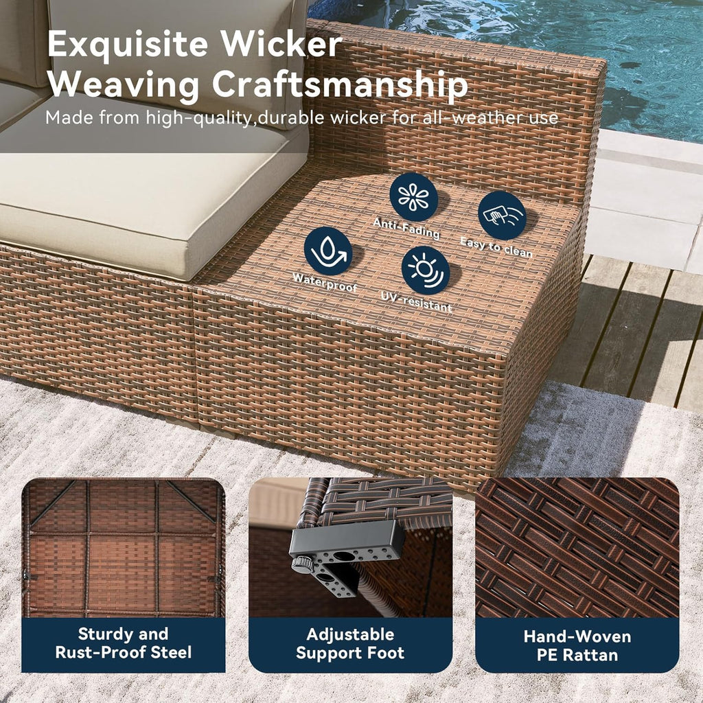 LazySunsets 7 Piece Outdoor Patio Furniture Set with Coffee Table, Outdoor Patio Furniture Sets with Thicken Cushion, Wicker Rattan Outdoor Conversation Set for Backyard & Garden, Beige