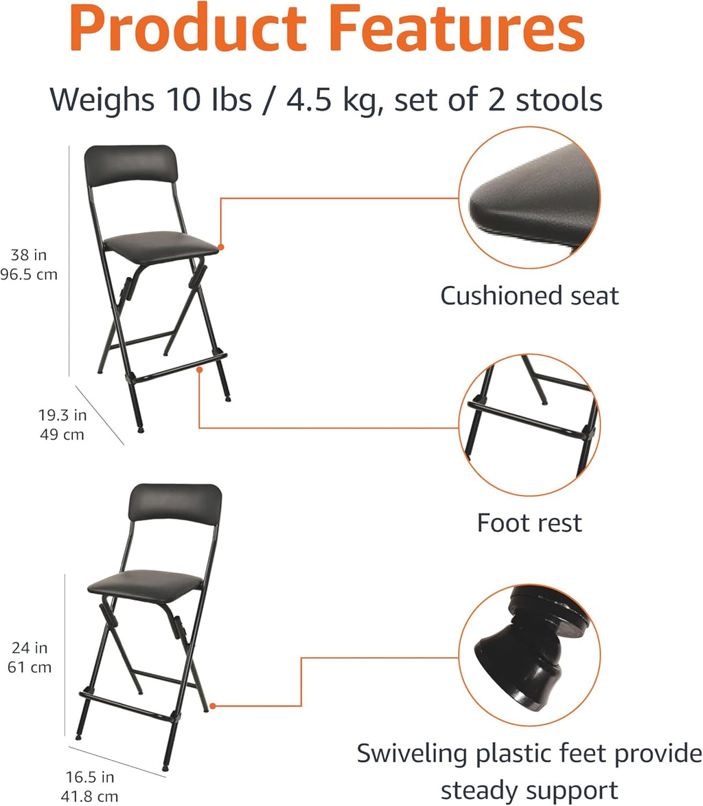 Amazon Basics Folding Bar Stool with Footrest, Portable, Sturdy, Space-Saving Storage, 300lb Capacity, 24" Height, Black, Set of 2