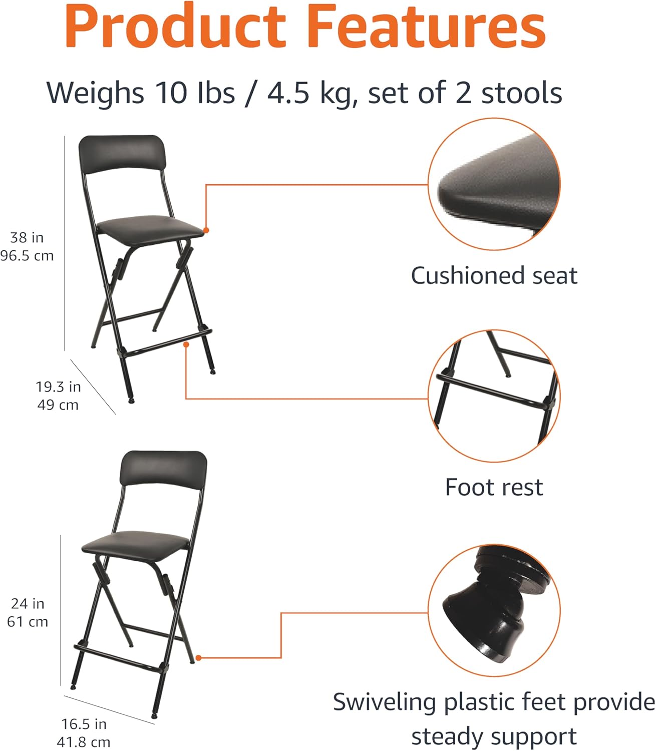 Amazon Basics Folding Bar Stool with Footrest, Portable, Sturdy, Space-Saving Storage, 300lb Capacity, 24" Height, Black, Set of 2
