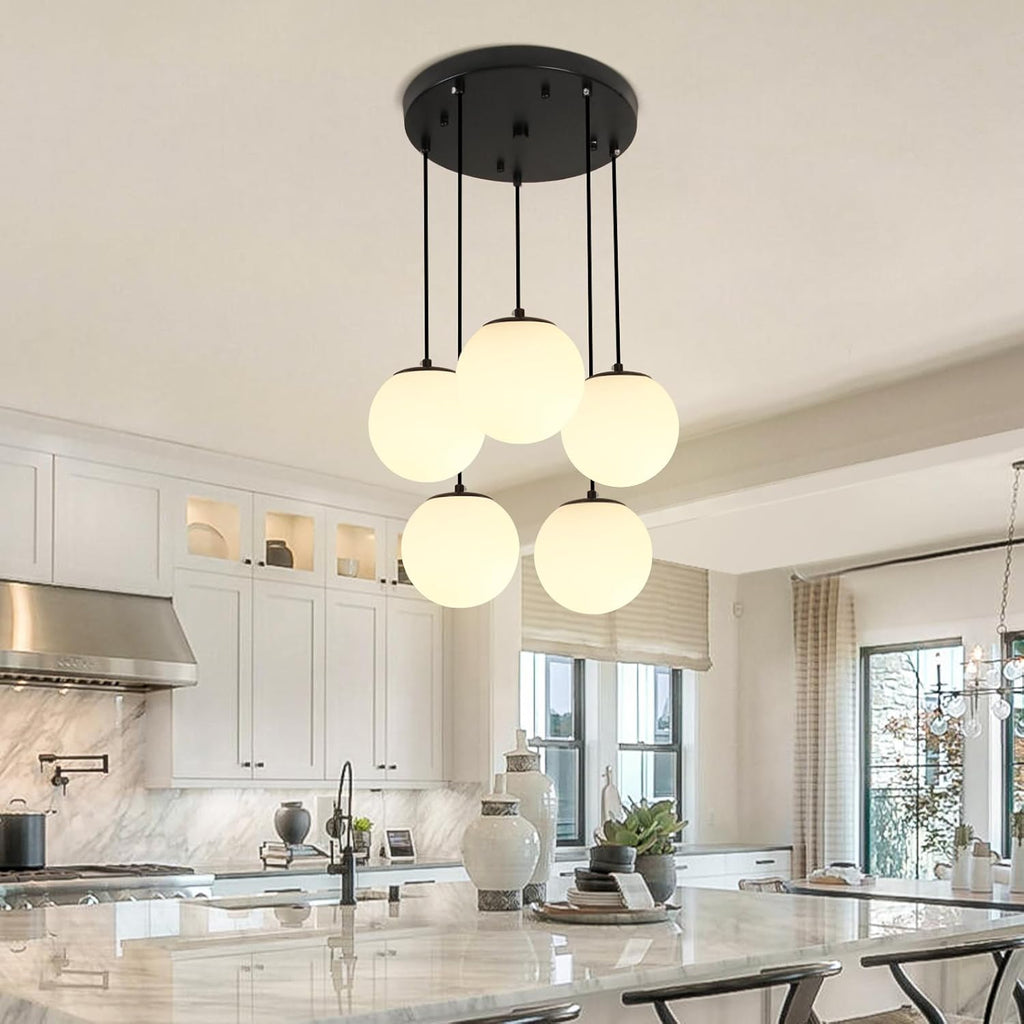 Globe Cluster Chandelier 5-Light, Black Modern Cluster Chandelier with Milk White Glass, Adjustable Globe Staircase Pendant Light for Kitchen Island Dining Room