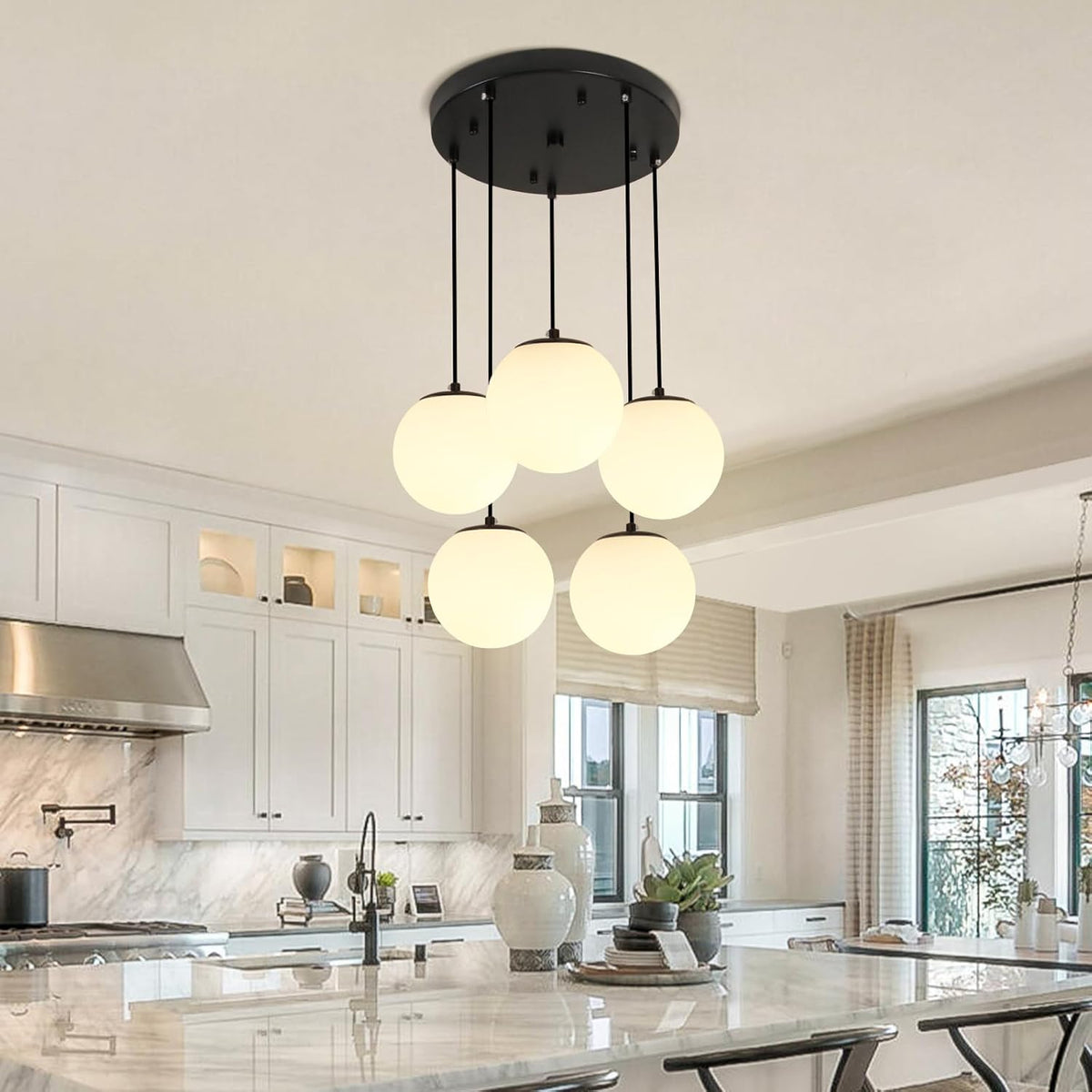 Globe Cluster Chandelier 5-Light, Black Modern Cluster Chandelier with Milk White Glass, Adjustable Globe Staircase Pendant Light for Kitchen Island Dining Room