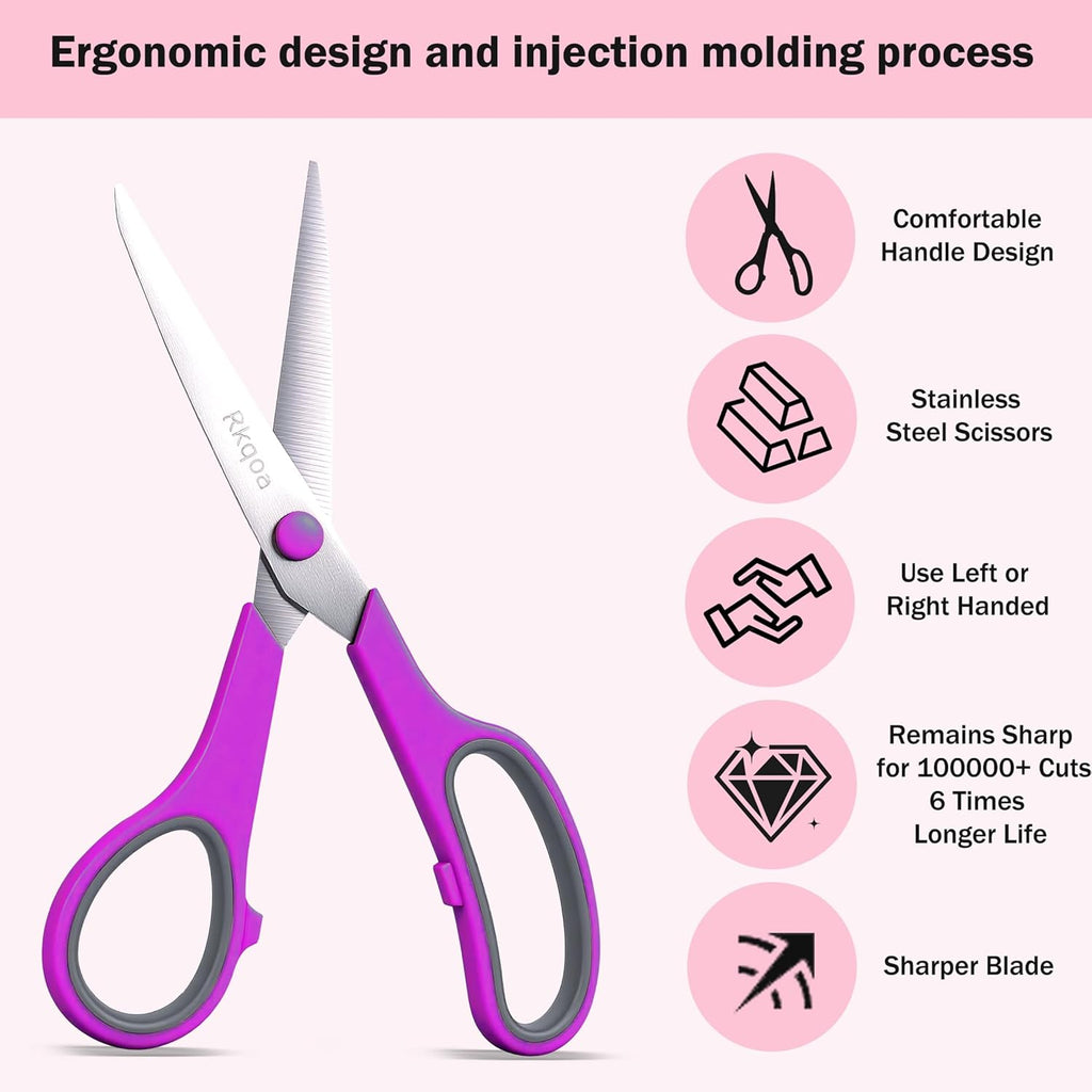 Scissors, Rkqoa 6 Pack 8" All Purpose Scissors for Everyday use, Stainless Steel Scissor Set with Comfort-Grip Handles for Office Home School Sewing Fabric Craft Supplies, Right/Left Handed