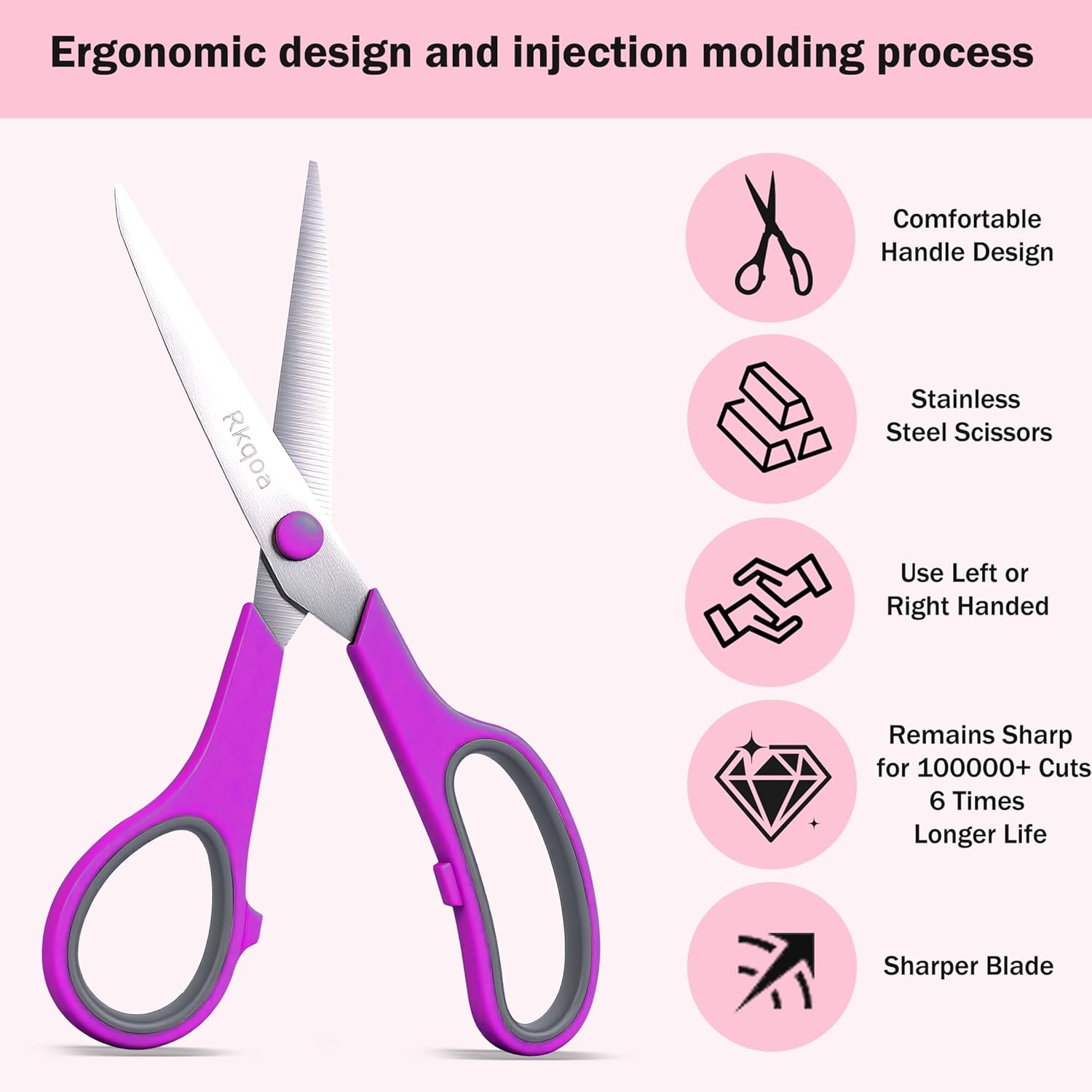 Scissors, Rkqoa 6 Pack 8" All Purpose Scissors for Everyday use, Stainless Steel Scissor Set with Comfort-Grip Handles for Office Home School Sewing Fabric Craft Supplies, Right/Left Handed