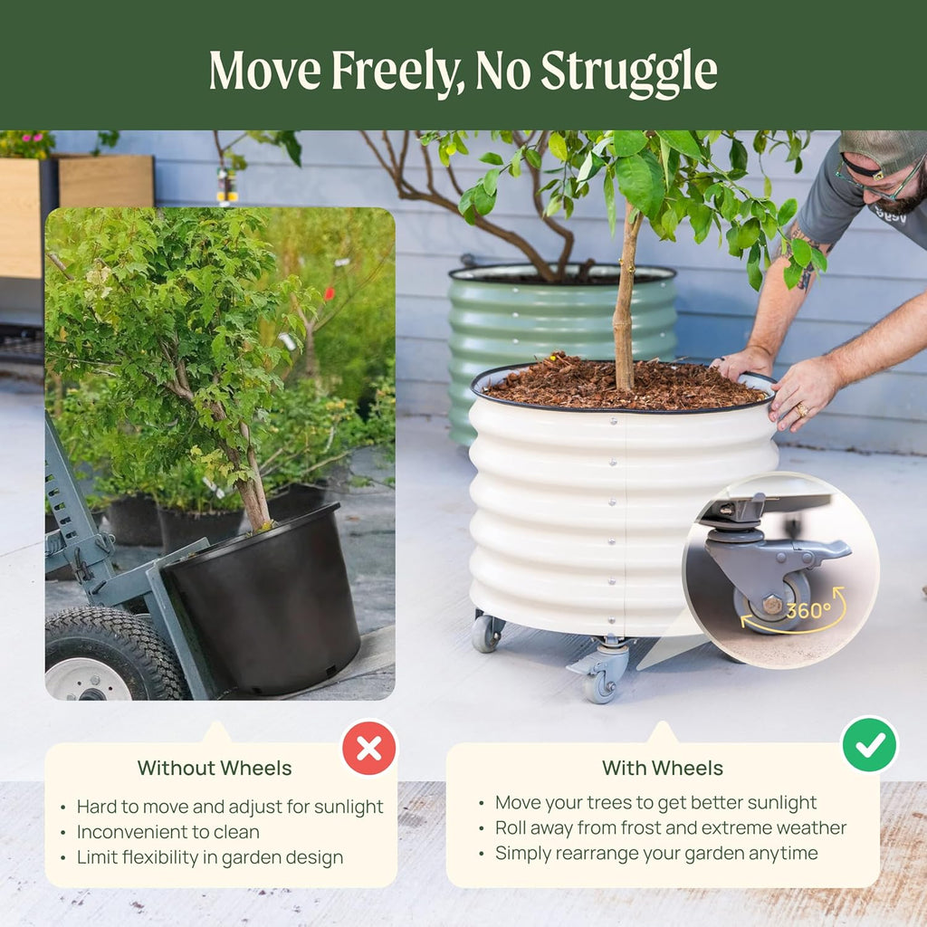 Rolling Metal Citrus Tree Planter Pot, 27″ Round Planter Box for Porch Patio & Backyard, 45 Gallon Large Planter Pot with Wheels for Growing Olive Trees Tomatoes Vegetables and Flowers, Olive Green